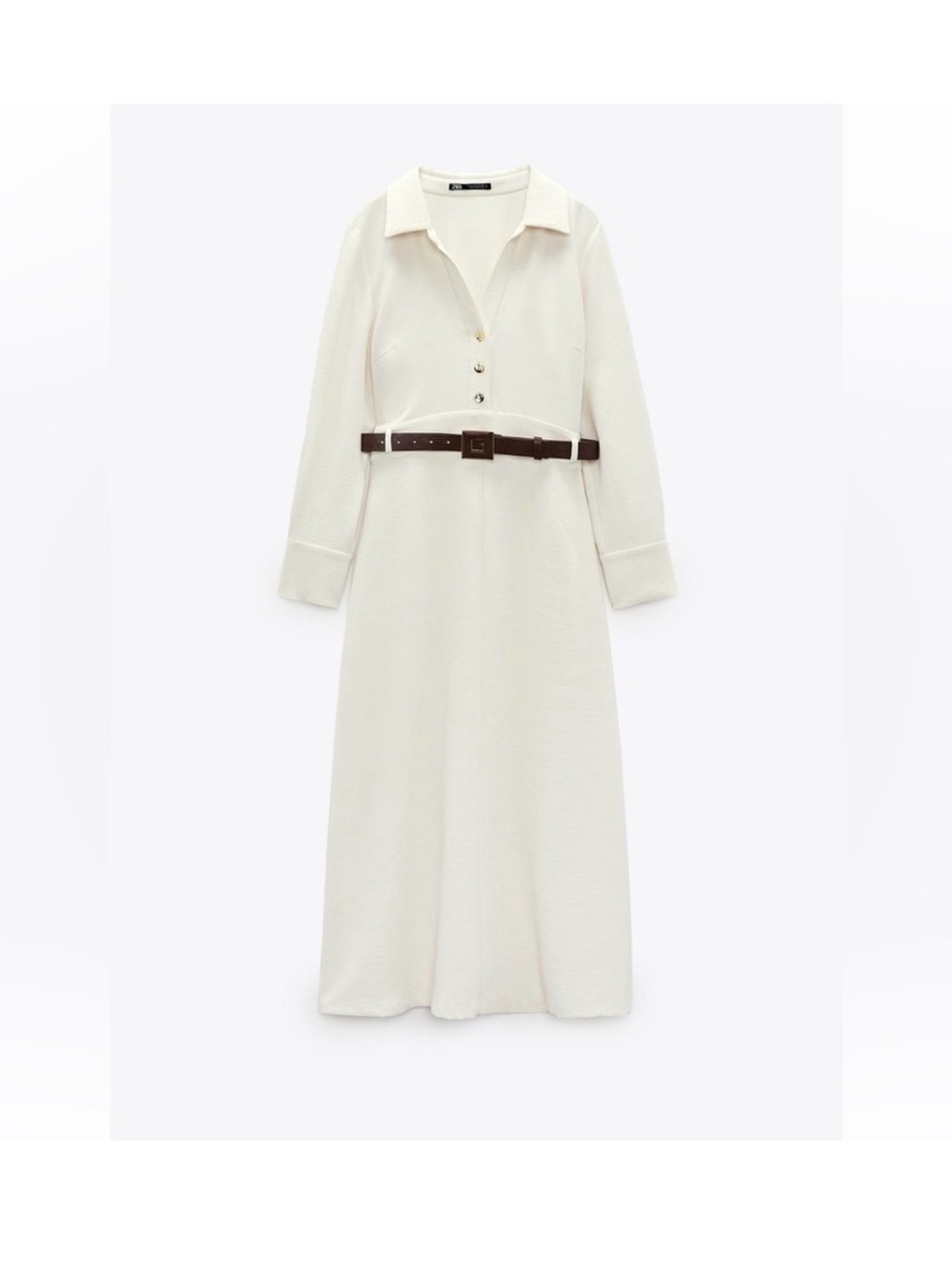 Zara Cream Long-Sleeve Collared Midi Dress with Brown Belt